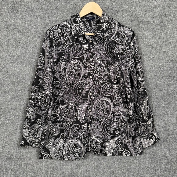 Chaps Denim Tops - Chaps Womens Plus Sz 1X Shirt Blouse Black Cotton Paisley Button Up Long Sleeves